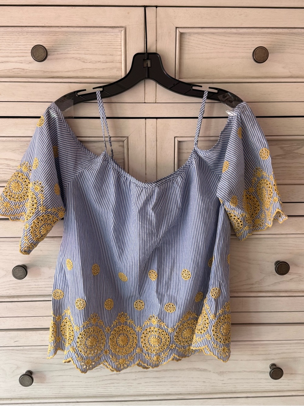 Rebellion Women’s Blue Stripe Cold-Shoulder Top with Yellow Embroidery
